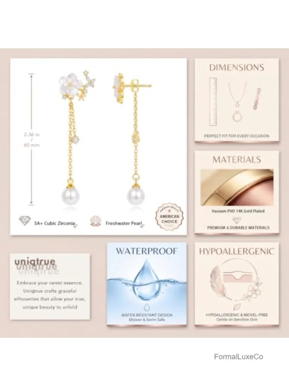 Dainty Flower Pearl Dangle Earrings Drop Long Chain 14K Gold Plated Cubic